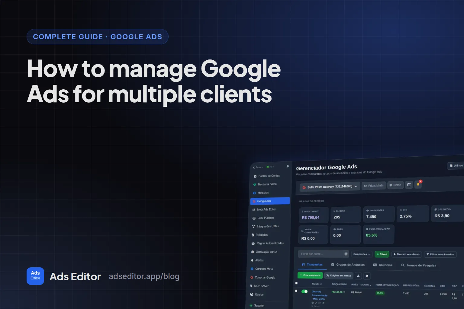 Google Ads manager with campaigns, ad groups, ads and search terms for multiple clients