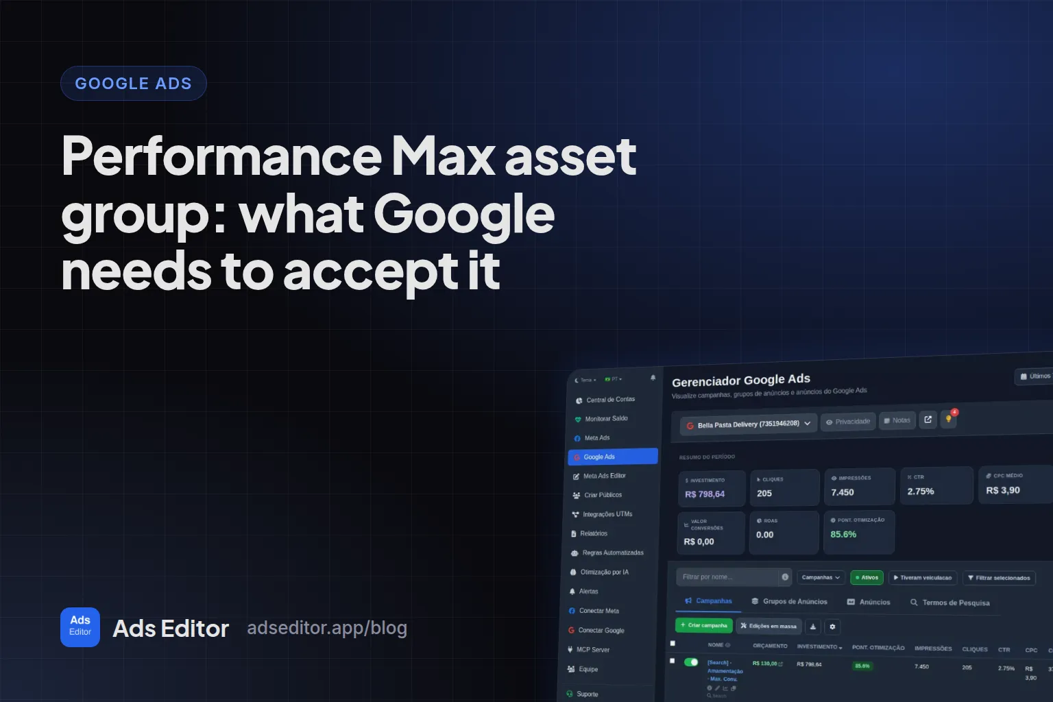 Performance Max asset group with headlines, descriptions, images and logo requirements