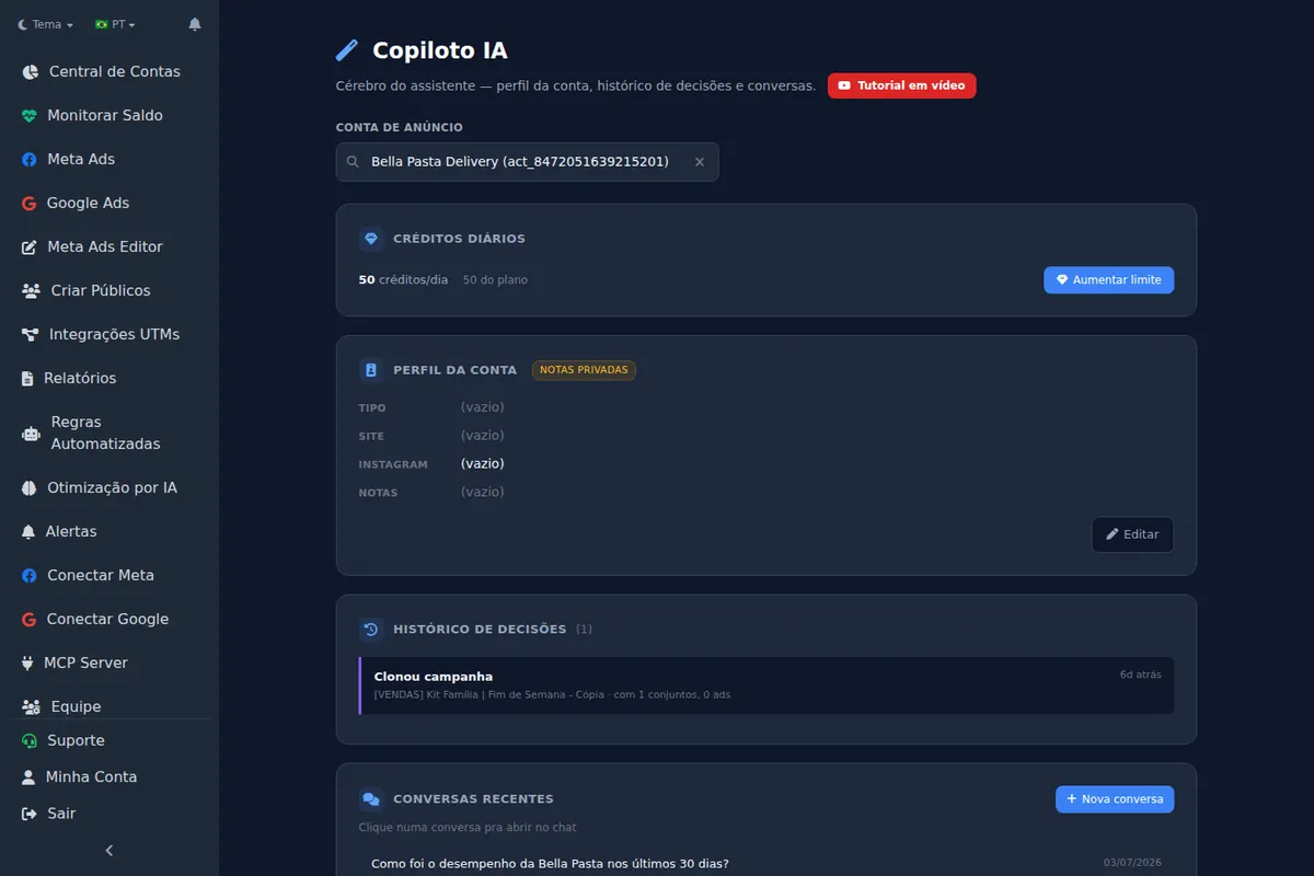 AI copilot chat with a selected ad account, business profile and history