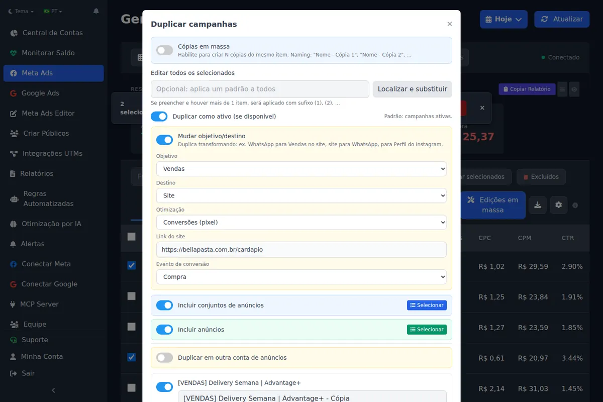 Duplicating a campaign while changing its objective and destination