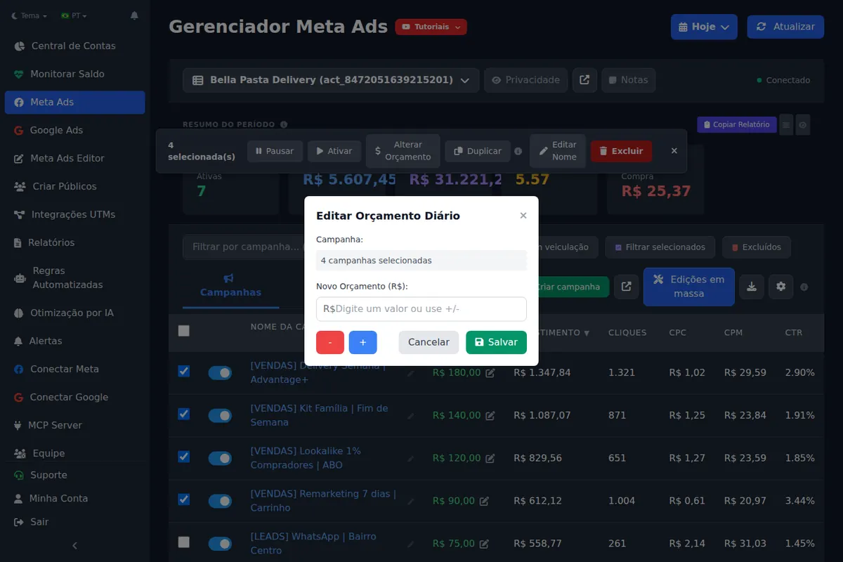 Bulk edit panel applying one change to many selected Meta ads
