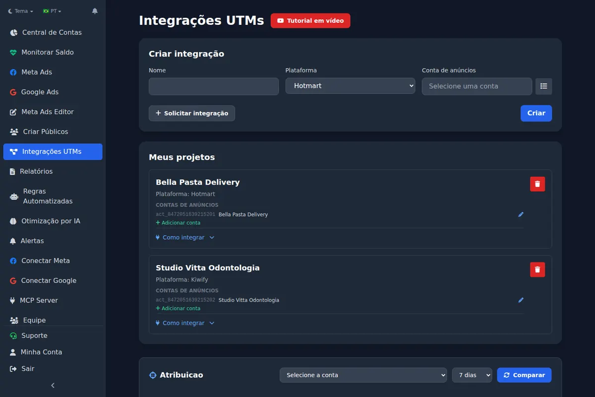 UTM integration projects linking a sales platform to a Meta ad account