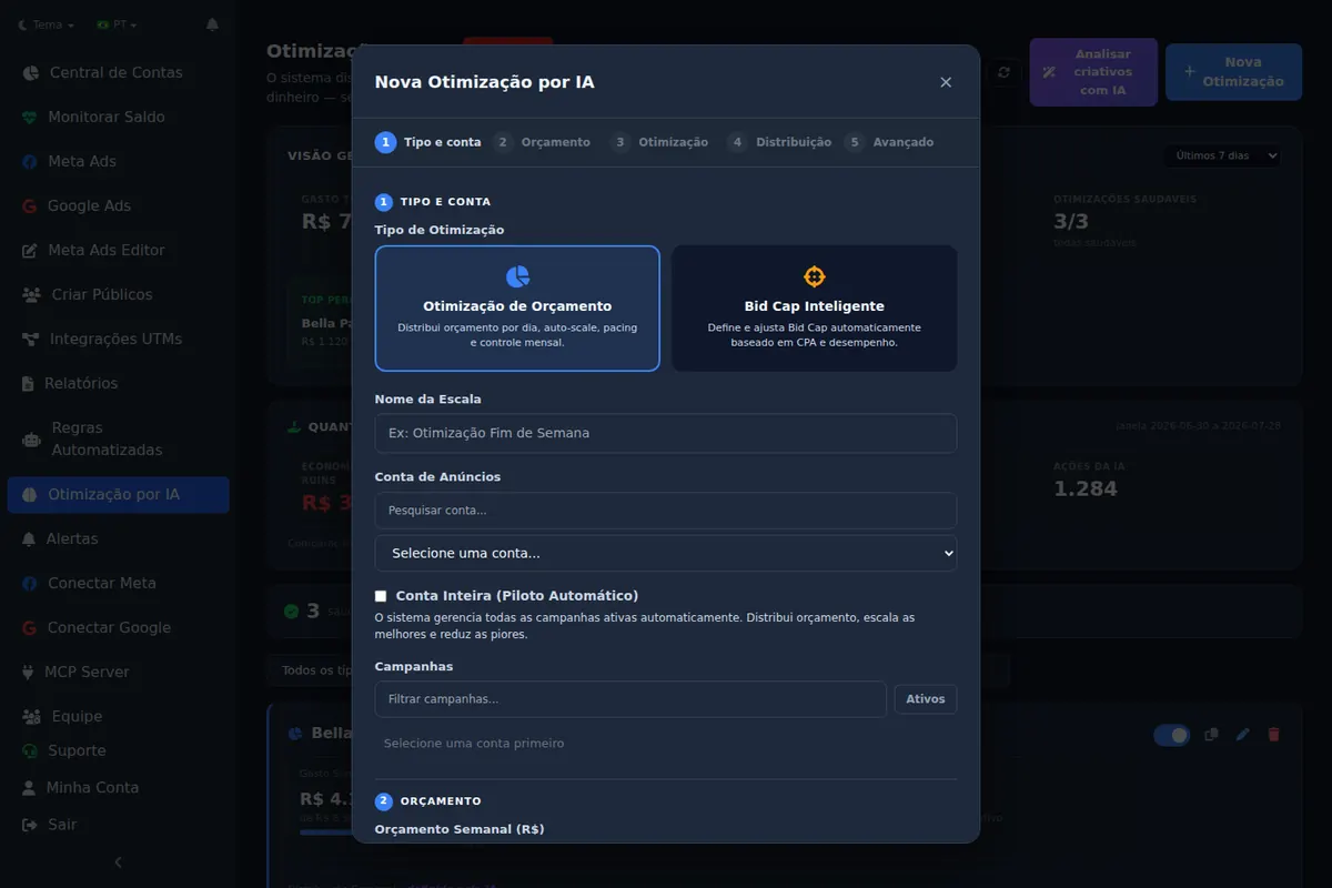 Setting up an AI budget optimization with account and campaigns selected