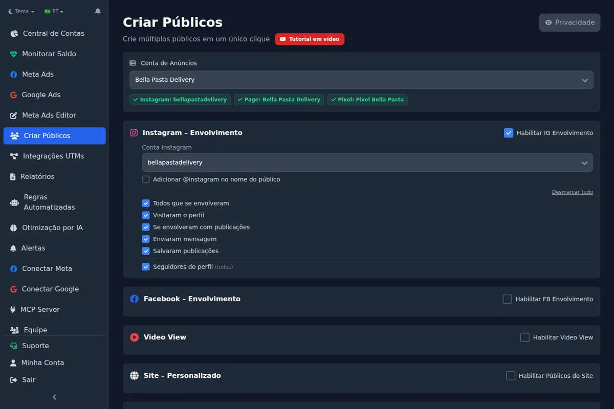 Instagram and Facebook Page sources ticked in one bulk custom audience run